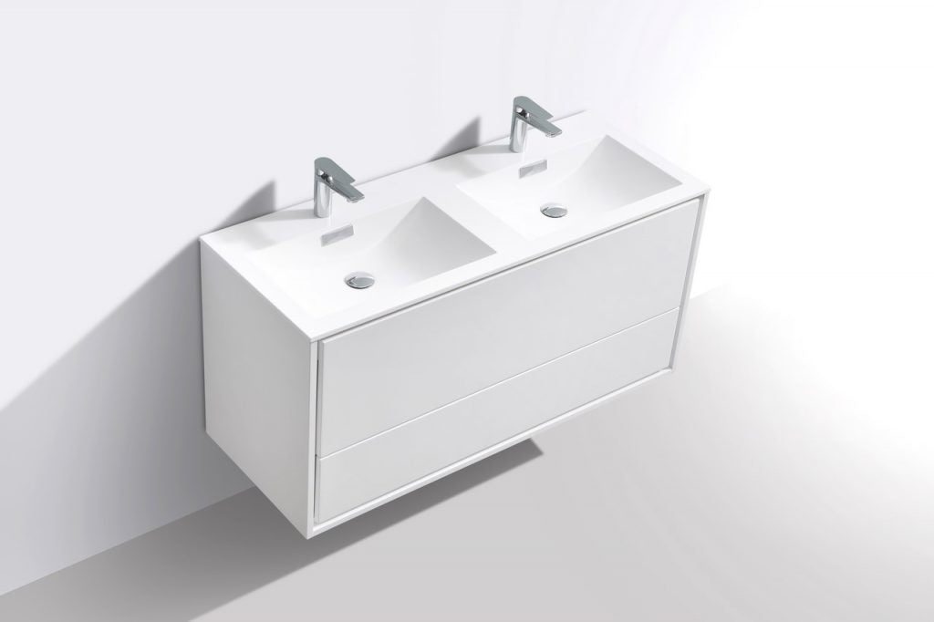 48″ De Lusso Double Sink High Gloss White Wall Mount Modern Bathroom Vanity