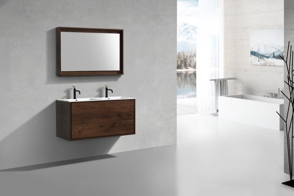 De Lusso 48″ Inch Double Sink Rose Wood Wall Mount Modern Bathroom Vanity