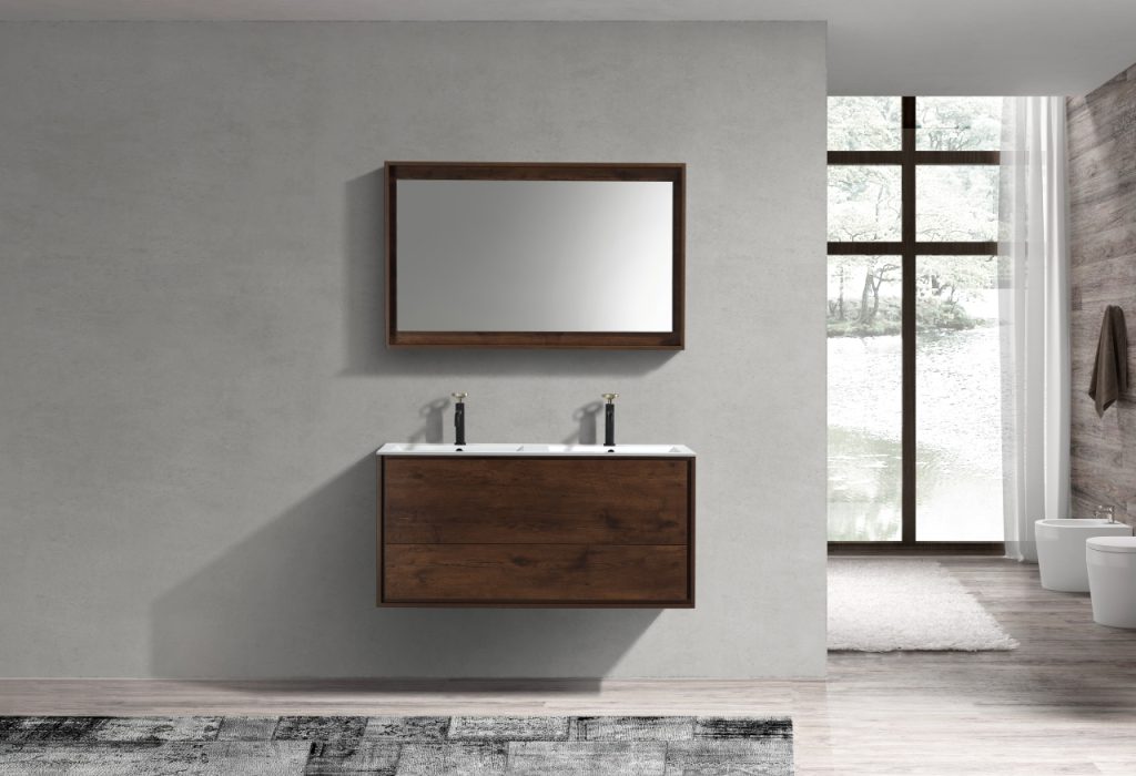 De Lusso 48″ Inch Double Sink Rose Wood Wall Mount Modern Bathroom Vanity