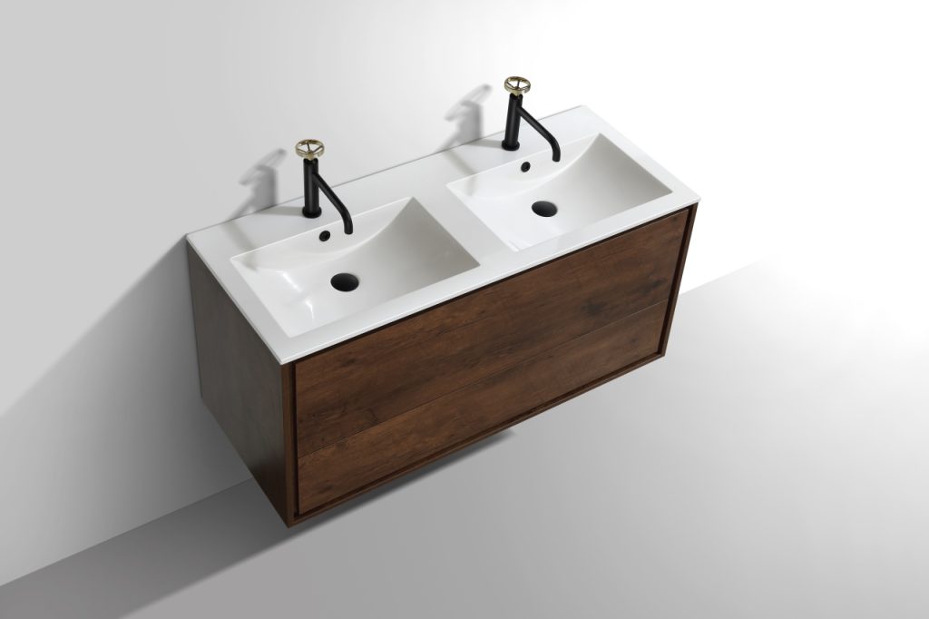 De Lusso 48″ Inch Double Sink Rose Wood Wall Mount Modern Bathroom Vanity