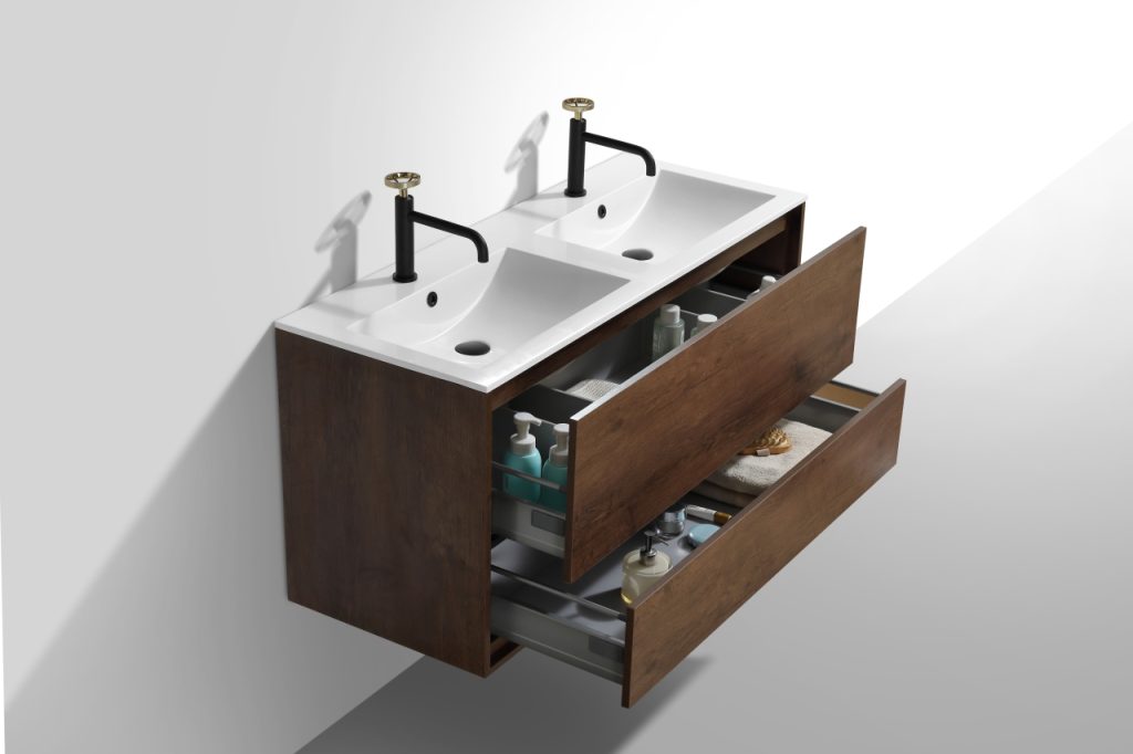 De Lusso 48″ Inch Double Sink Rose Wood Wall Mount Modern Bathroom Vanity