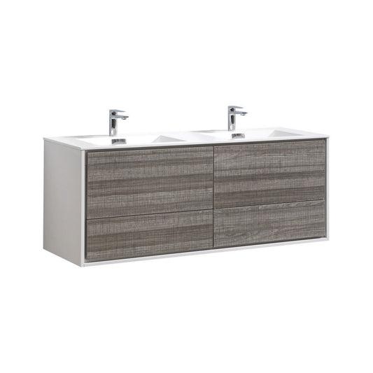 De Lusso 60″ Inch Double Sink Ash Gray Wall Mount Modern Bathroom Vanity