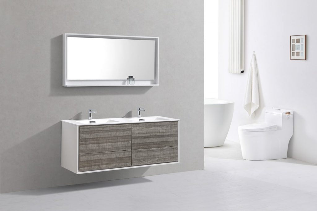 De Lusso 60″ Inch Double Sink Ash Gray Wall Mount Modern Bathroom Vanity