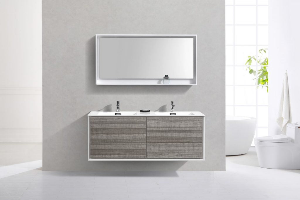 De Lusso 60″ Inch Double Sink Ash Gray Wall Mount Modern Bathroom Vanity