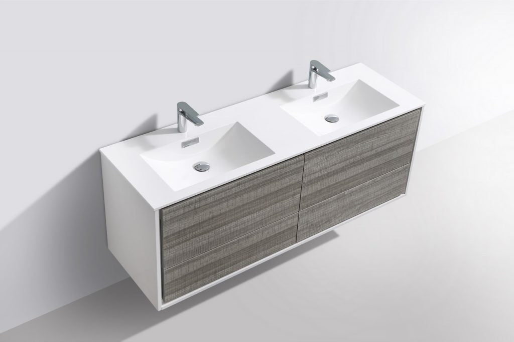 De Lusso 60″ Inch Double Sink Ash Gray Wall Mount Modern Bathroom Vanity