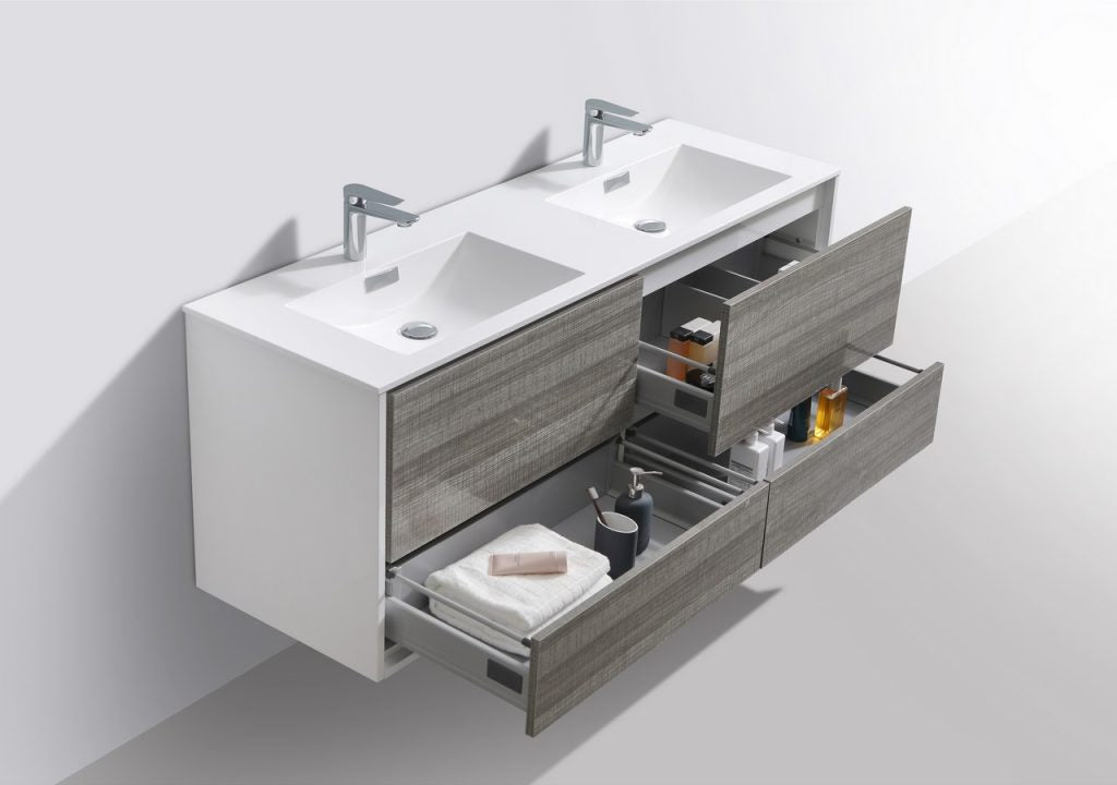 De Lusso 60″ Inch Double Sink Ash Gray Wall Mount Modern Bathroom Vanity