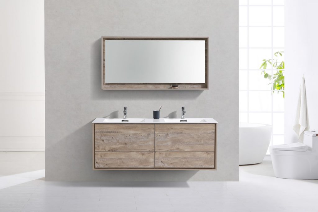 De Lusso 60″ Inch Double Sink Nature Wood Wall Mount Modern Bathroom Vanity
