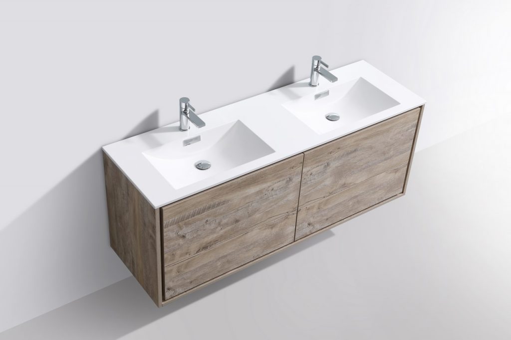 De Lusso 60″ Inch Double Sink Nature Wood Wall Mount Modern Bathroom Vanity