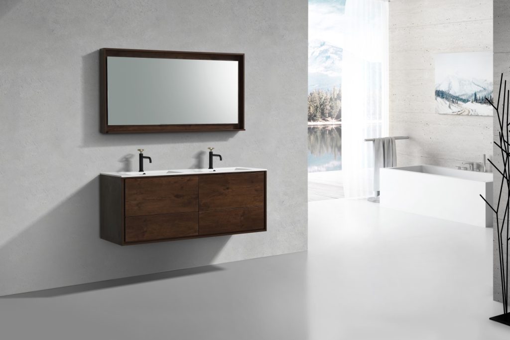 De Lusso 60″ Inch Double Sink Rose Wood Wall Mount Modern Bathroom Vanity