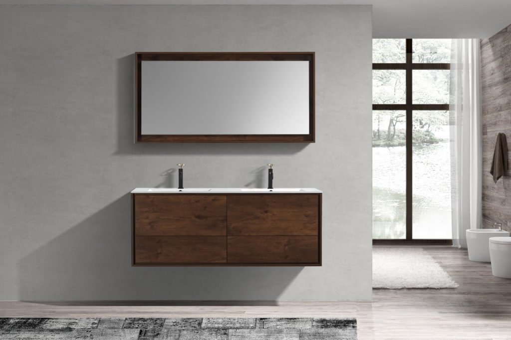 De Lusso 60″ Inch Double Sink Rose Wood Wall Mount Modern Bathroom Vanity