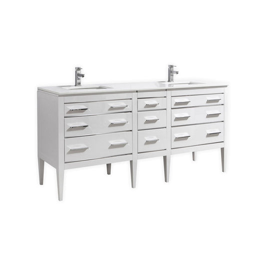 Eiffel 72″ Inch Double Sink High Gloss White Vanity W/ White Counter Top