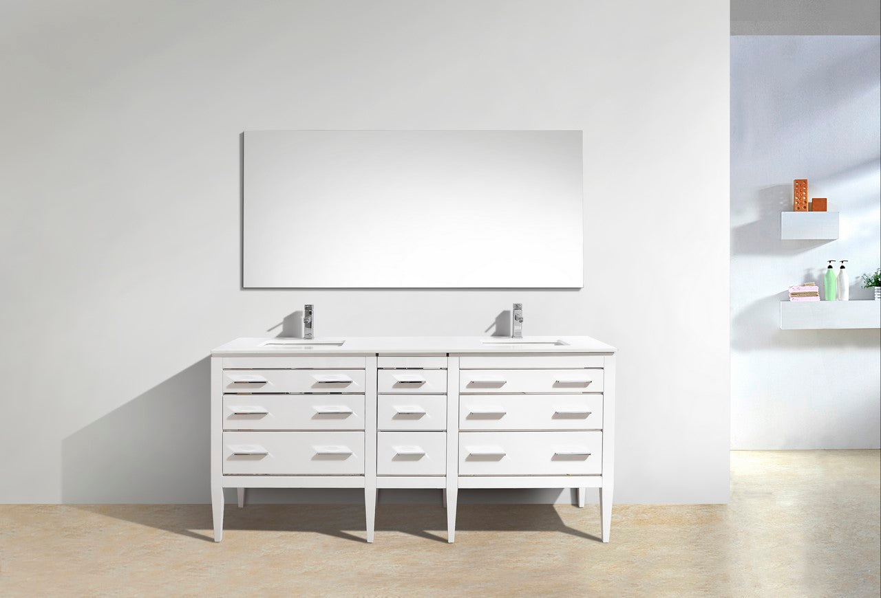 Eiffel 72″ Inch Double Sink High Gloss White Vanity W/ White Counter Top