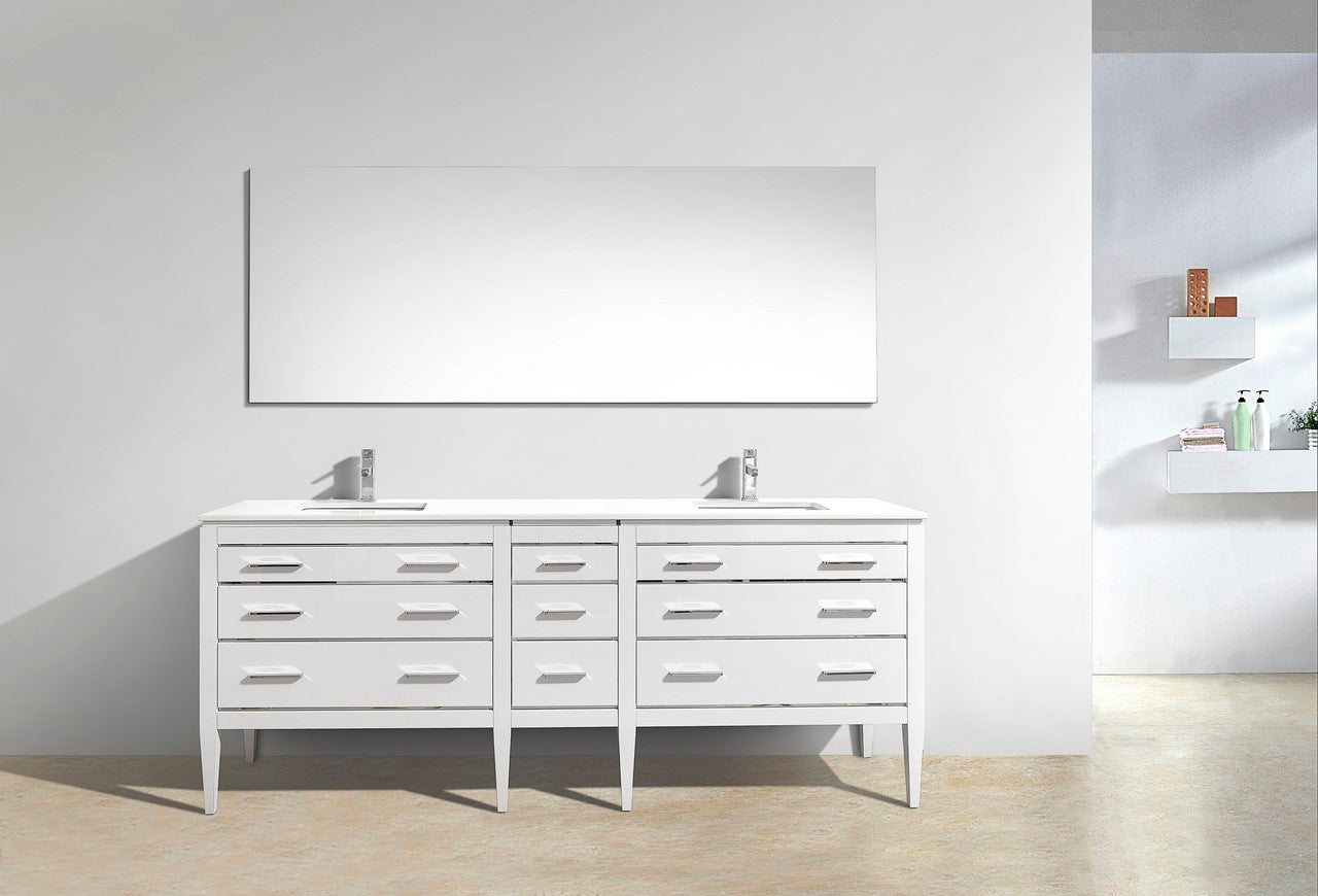 Eiffel 82″ Inch Double Sink High Gloss White Vanity W/ White Counter Top