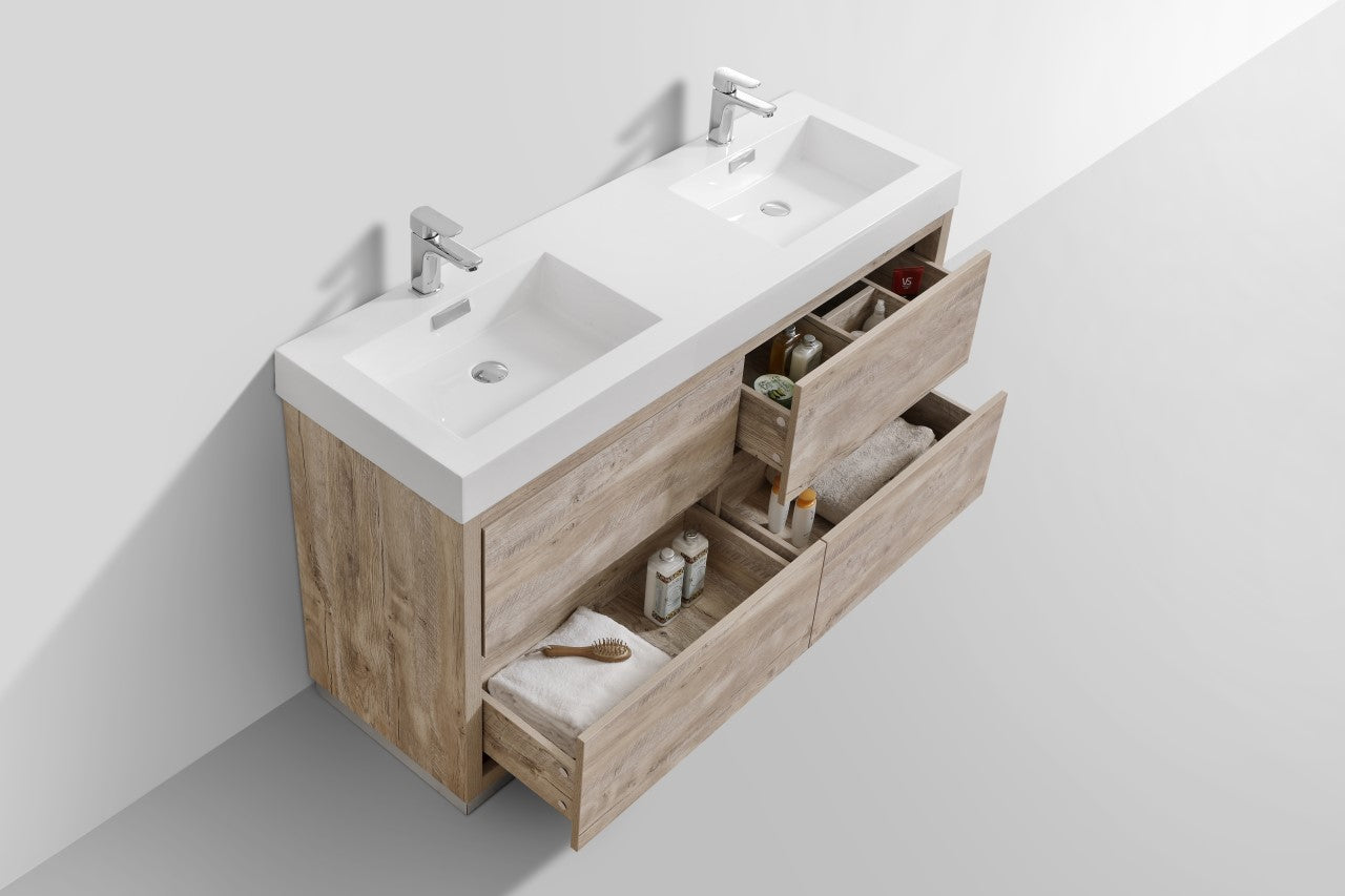 Bliss 60″ Inch Double Sink  Nature Wood Floor Mount Modern Bathroom Vanity