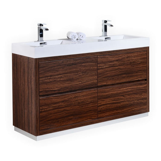 Bliss 60″ Inch Double Sink Walnut Free Standing Modern Bathroom Vanity