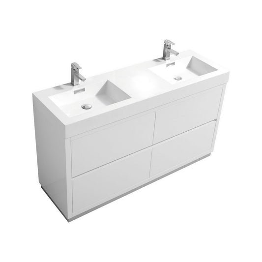 Bliss 60″ Inch Double Sink High Gloss White Free Standing Modern Bathroom Vanity