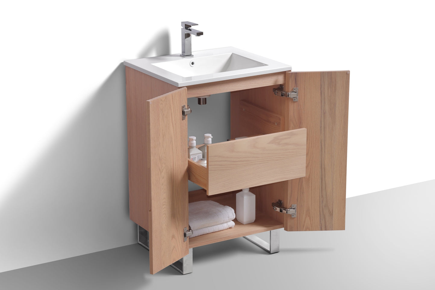 24” Fiore Free Standing Bathroom Vanity w/ Chrome Legs – Oakwood