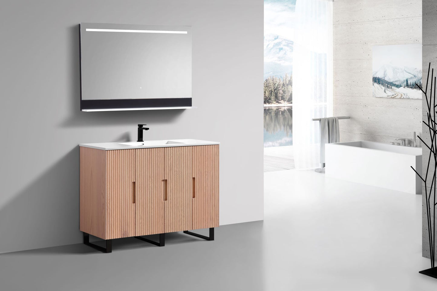 48” Fiore Single Sink Free Standing Bathroom Vanity w/ Matte Black Legs – Oakwood