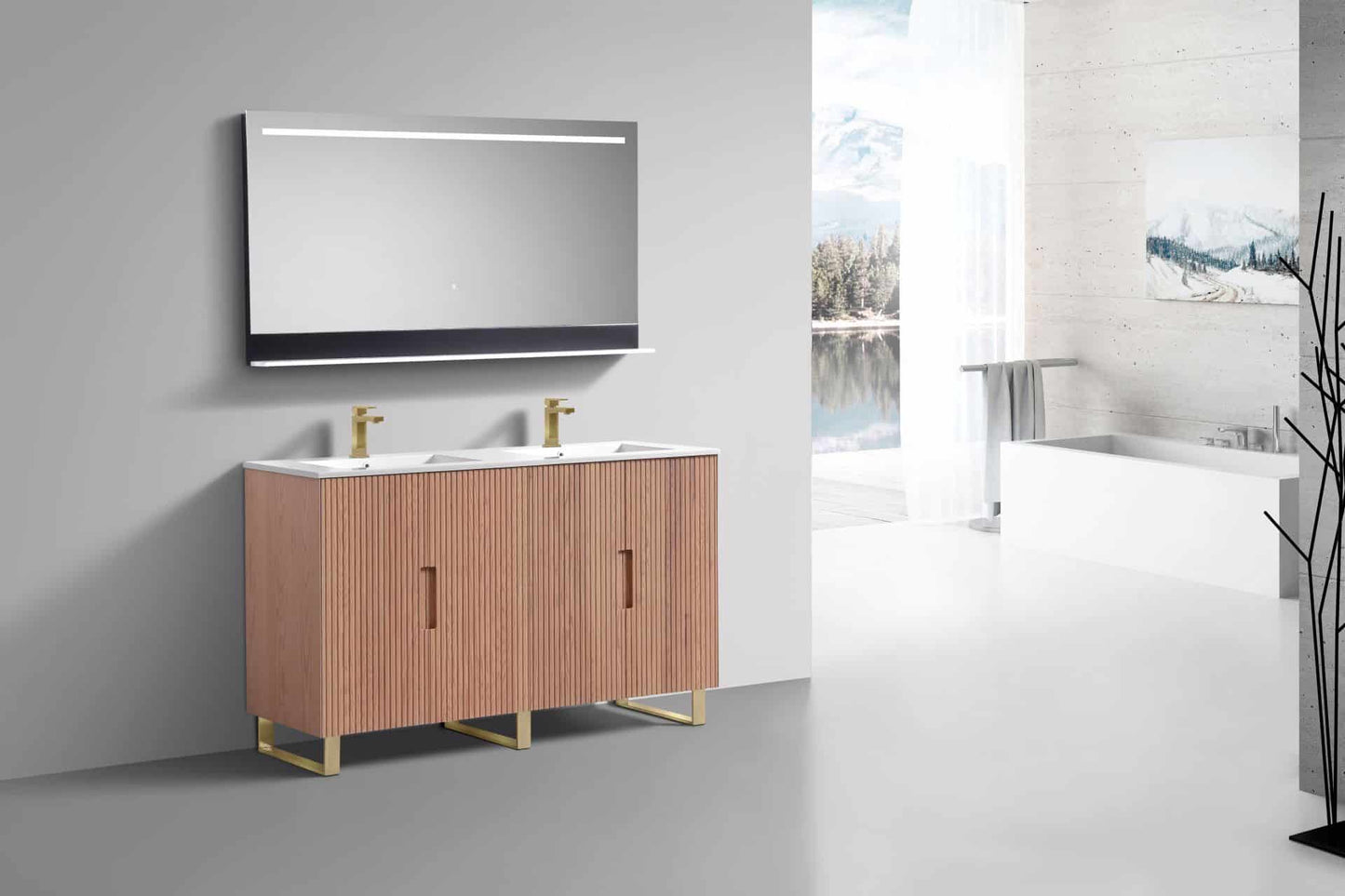 60” Fiore Double Sink Free Standing Bathroom Vanity w/ Gold Legs – Oakwood