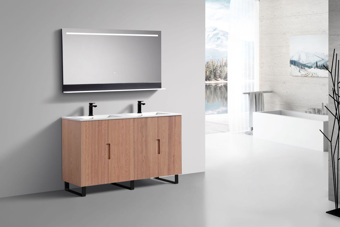 60” Fiore Double Sink Free Standing Bathroom Vanity w/ Matte Black Legs – Oakwood