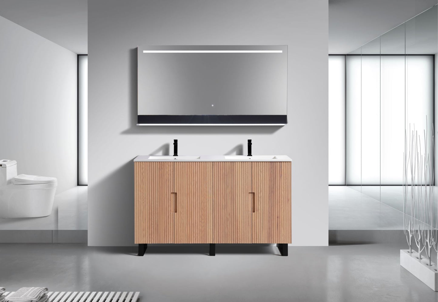 60” Fiore Double Sink Free Standing Bathroom Vanity w/ Matte Black Legs – Oakwood