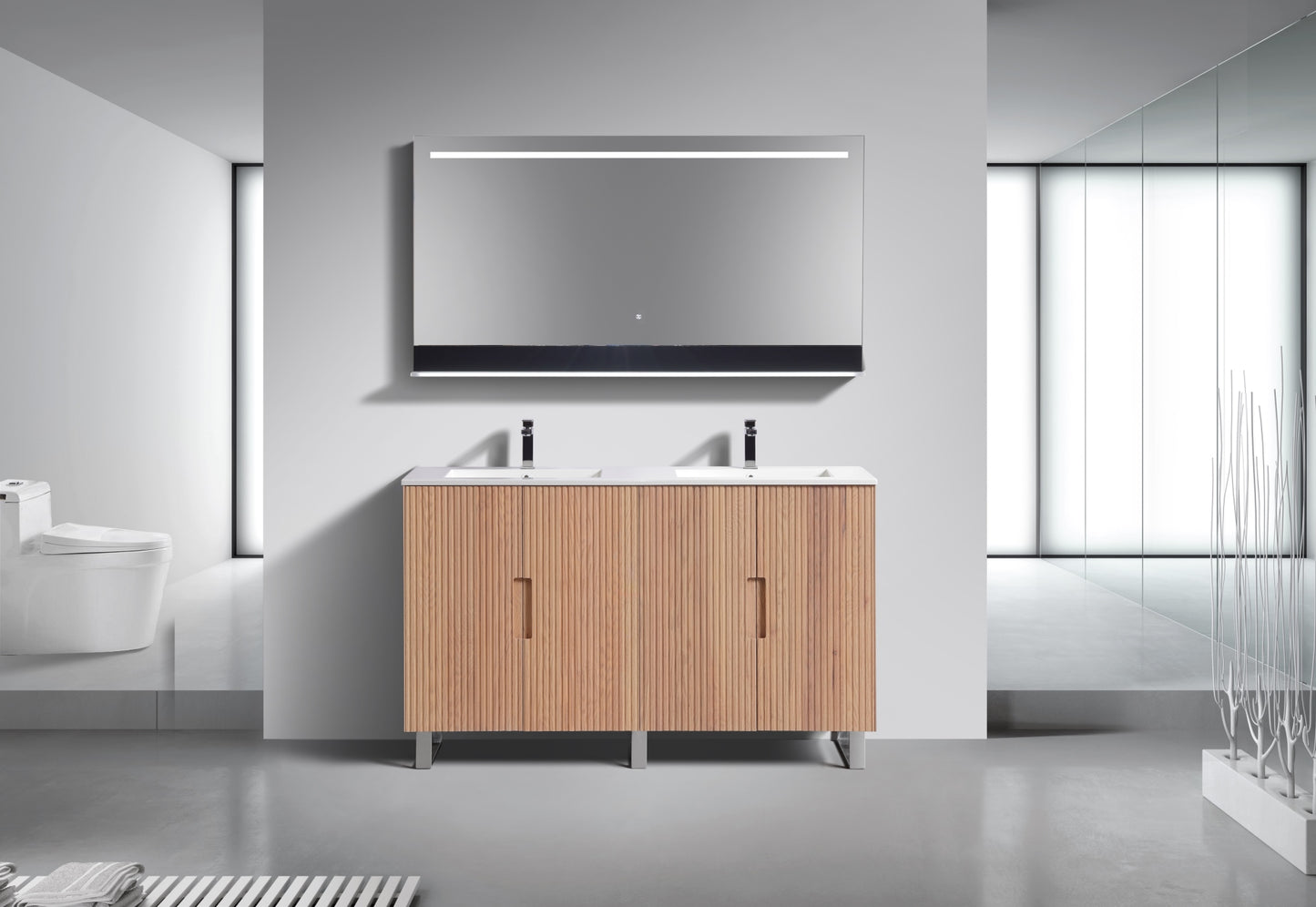 60” Fiore Double Sink Free Standing Bathroom Vanity w/ Chrome Legs – Oakwood