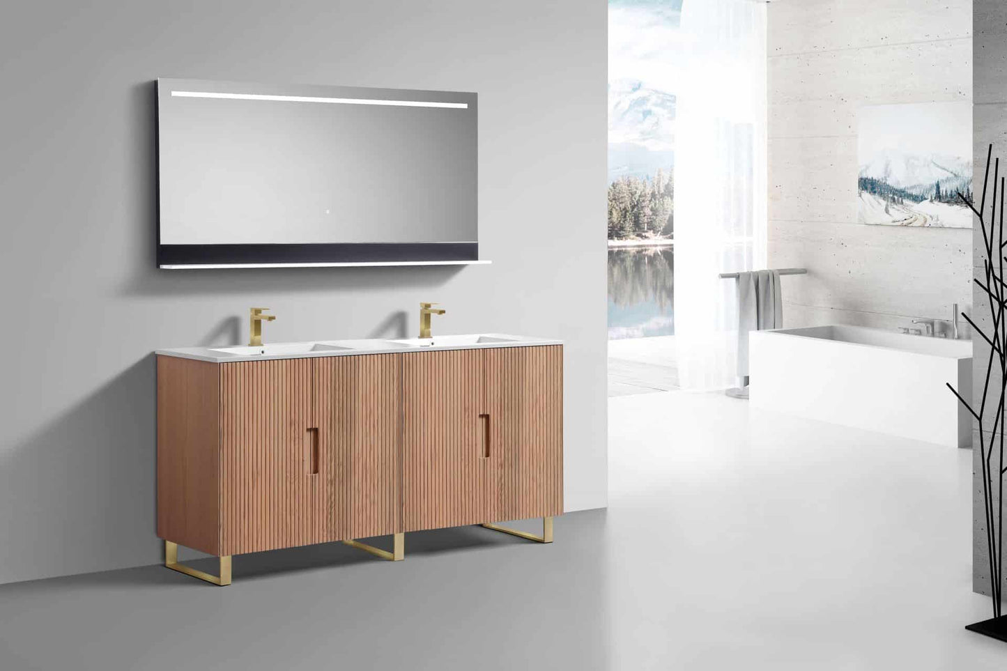 71.2” Fiore Double Sink Free Standing Bathroom Vanity w/ Gold Legs – Oakwood