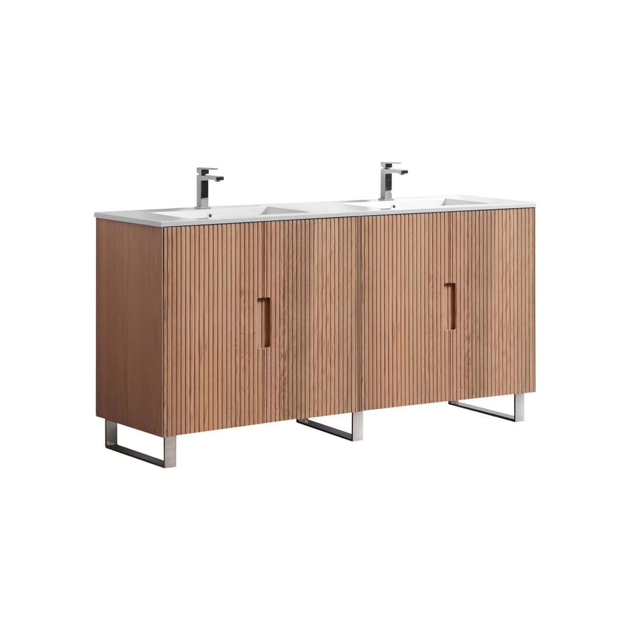 71.2” Fiore Double Sink Free Standing Bathroom Vanity w/ Chrome Legs – Oakwood