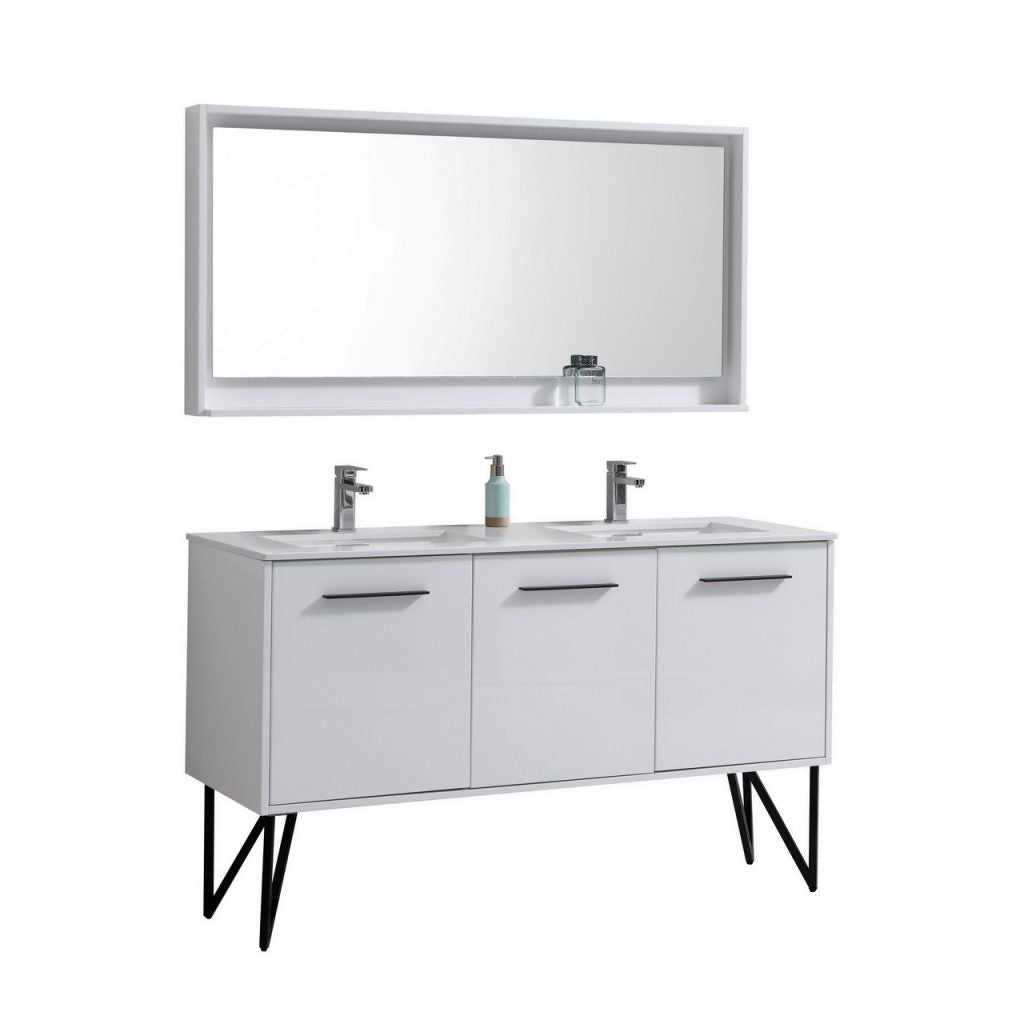 Bosco 60″ Inch Double Sink High Gloss White Modern Bathroom Vanity W/ White Countertop