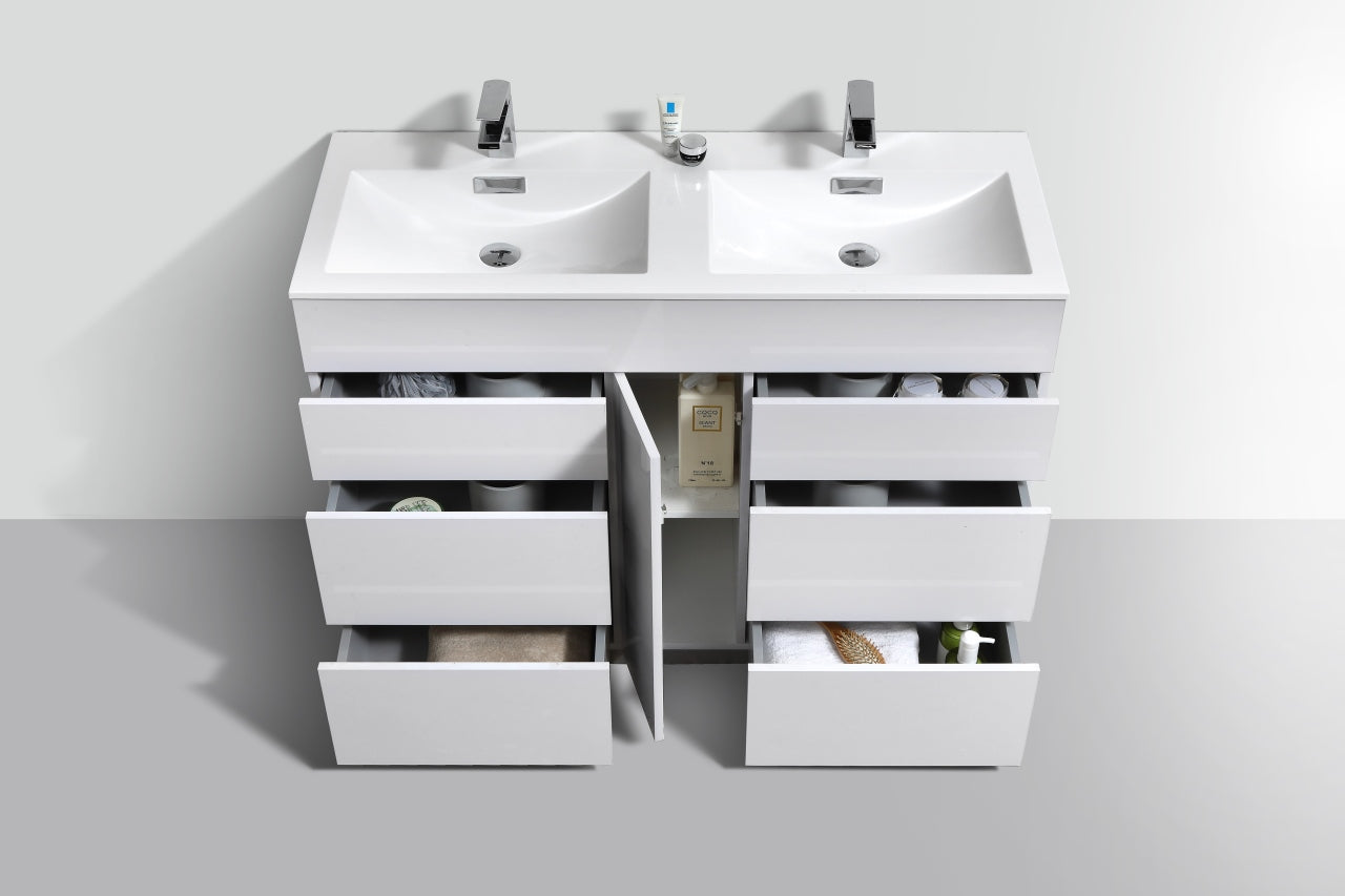 Milano 48″ Inch Double Sink High Gloss White Floor Mount Modern Bathroom Vanity