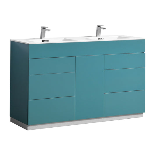 Milano 60″ Inch Double Sink Teal Green Floor Mount Modern Bathroom Vanity