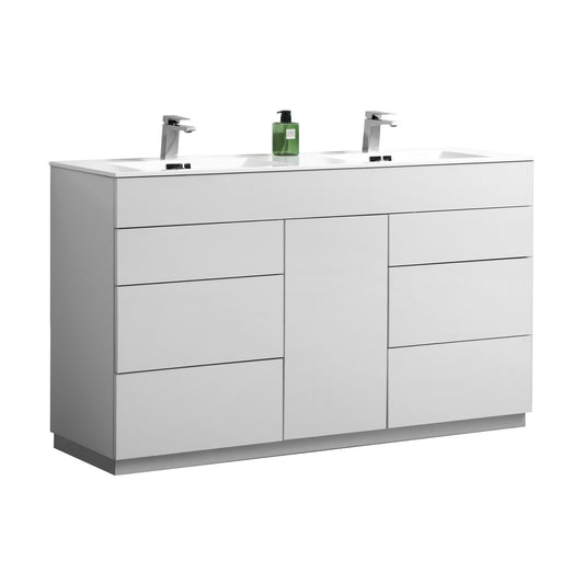 Milano 60″ Inch Double Sink High Gloss White Floor Mount Modern Bathroom Vanity