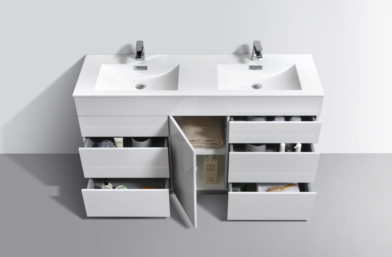 Milano 60″ Inch Double Sink High Gloss White Floor Mount Modern Bathroom Vanity