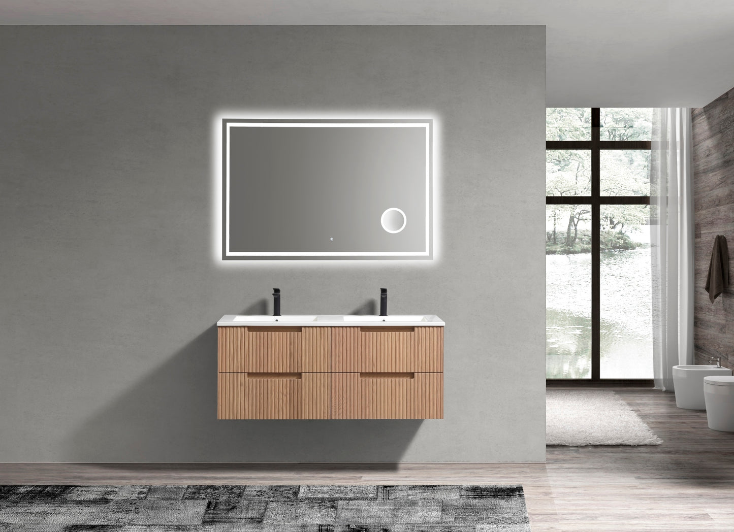 48” Fiore Modern Wall Mount Double Sink Bathroom Vanity – Oakwood (Coming Soon End of February)