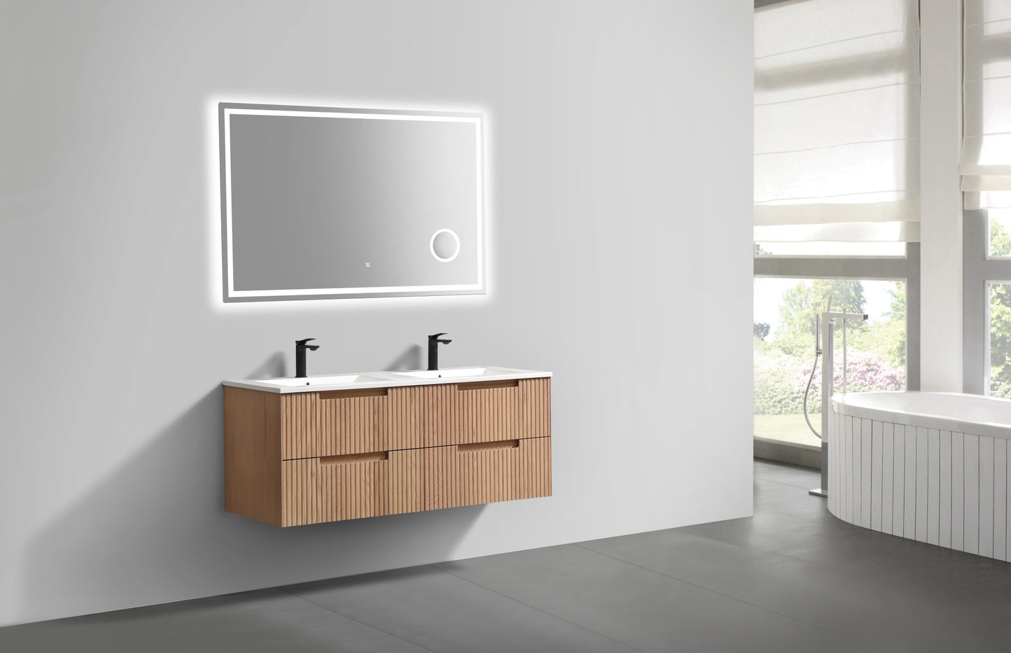 48” Fiore Modern Wall Mount Double Sink Bathroom Vanity – Oakwood (Coming Soon End of February)