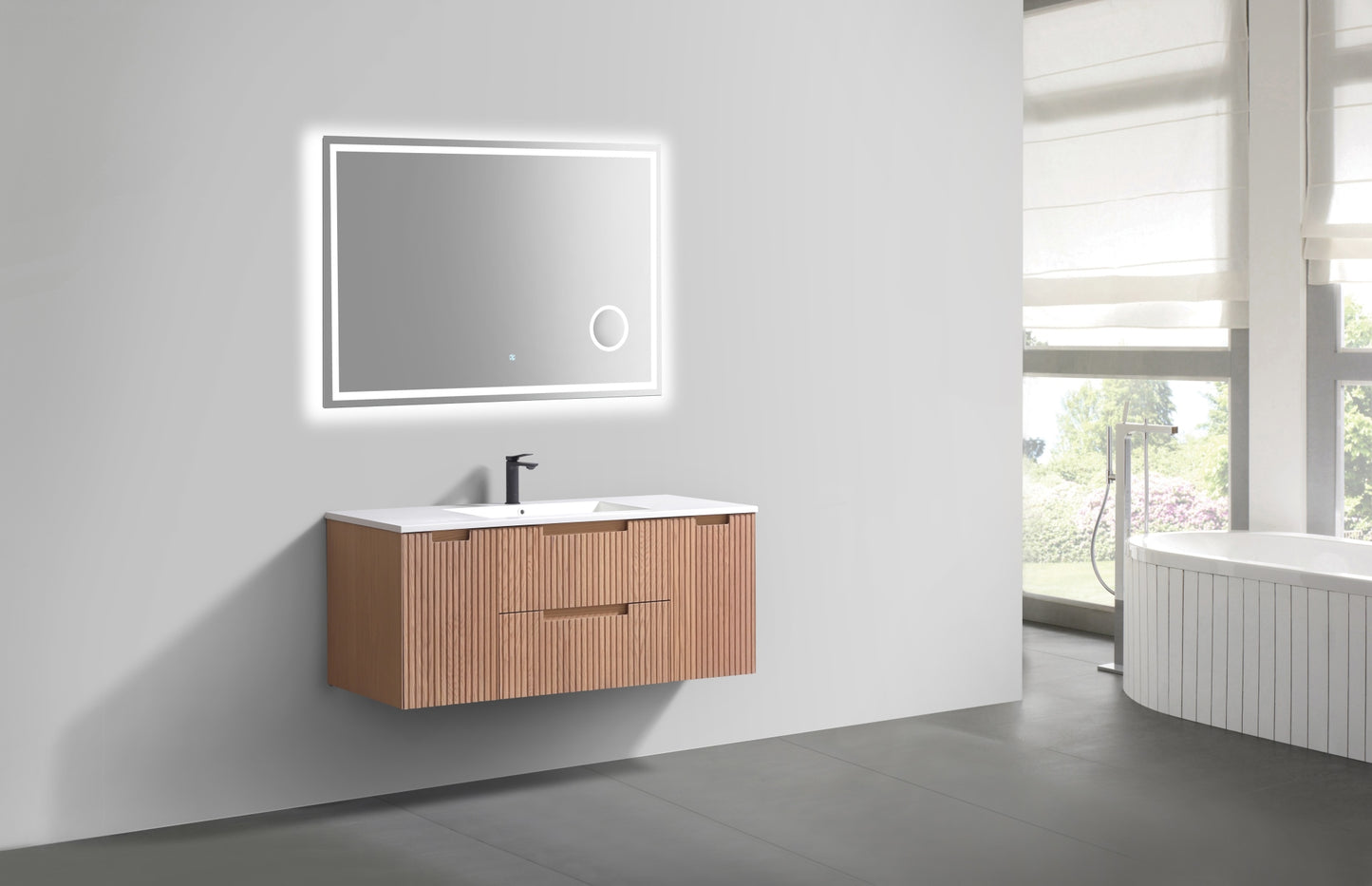 48” Fiore Modern Wall Mount Single Sink Bathroom Vanity – Oakwood (Coming Soon End of February)