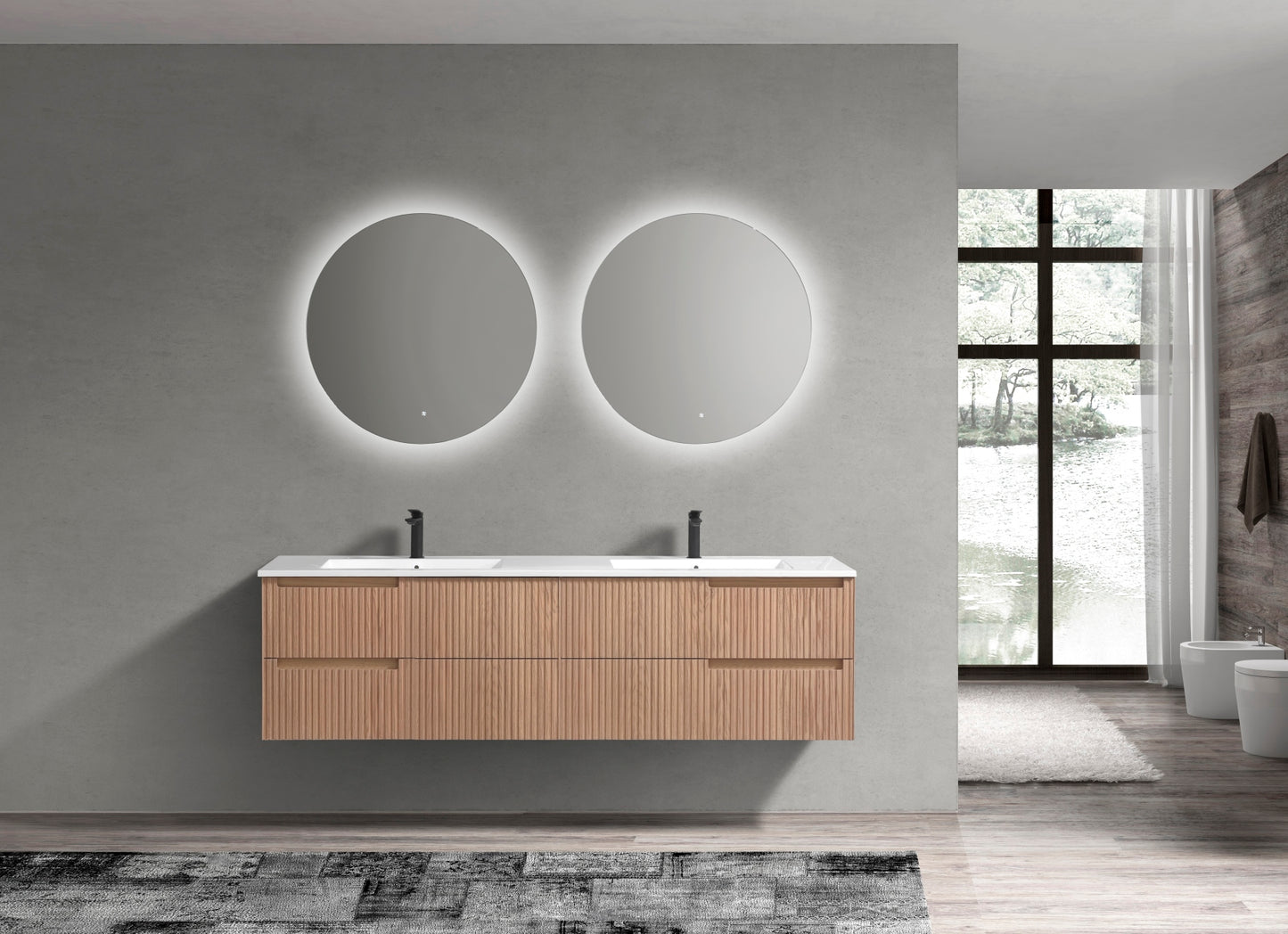 71.2” Fiore Modern Wall Mount Double Sink Bathroom Vanity – Oakwood (Coming Soon End of February)