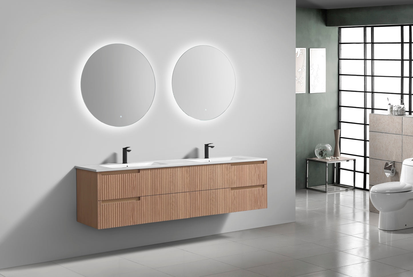 71.2” Fiore Modern Wall Mount Double Sink Bathroom Vanity – Oakwood (Coming Soon End of February)