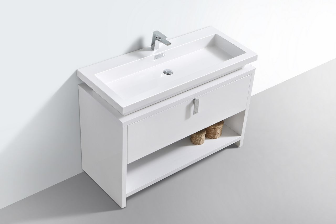 Levi 48″ Inch High Gloss White Modern Bathroom Vanity W/ Cubby Hole
