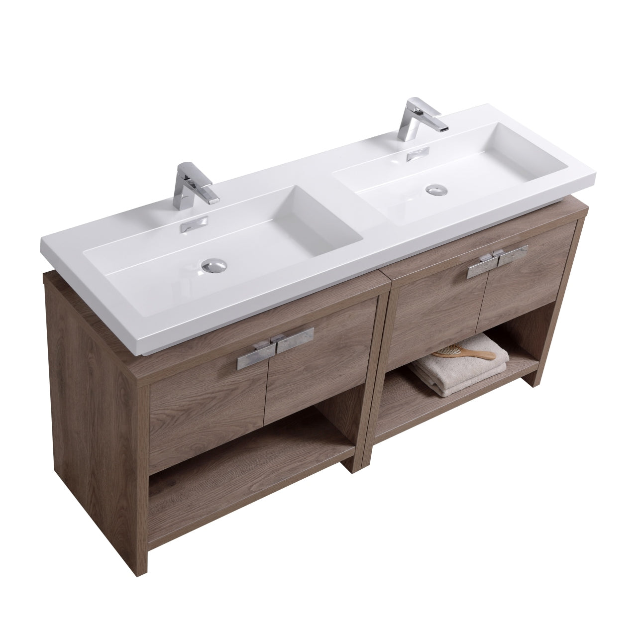 Levi 63″ Inch Butternut Double Sink Modern Bathroom Vanity W/ Cubby Hole