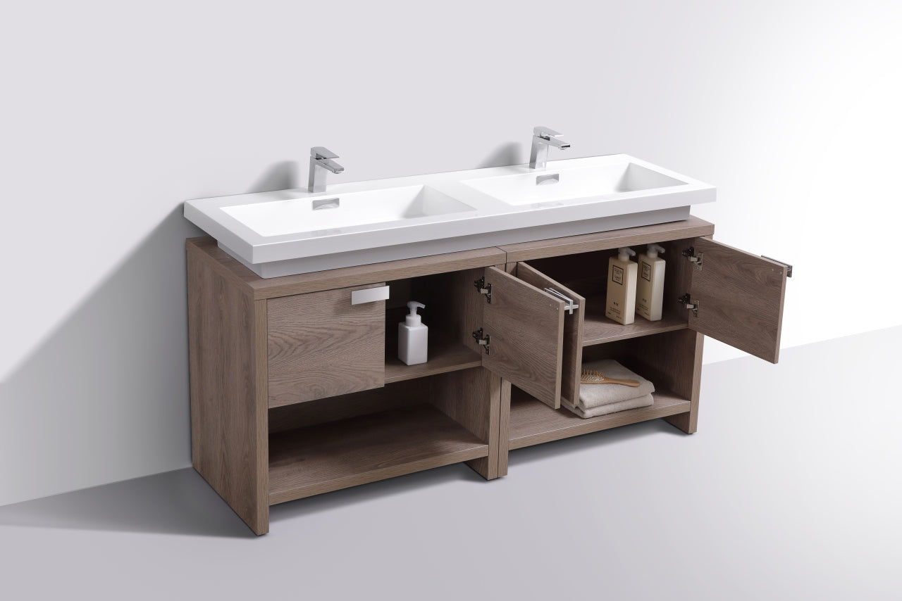 Levi 63″ Inch Butternut Double Sink Modern Bathroom Vanity W/ Cubby Hole