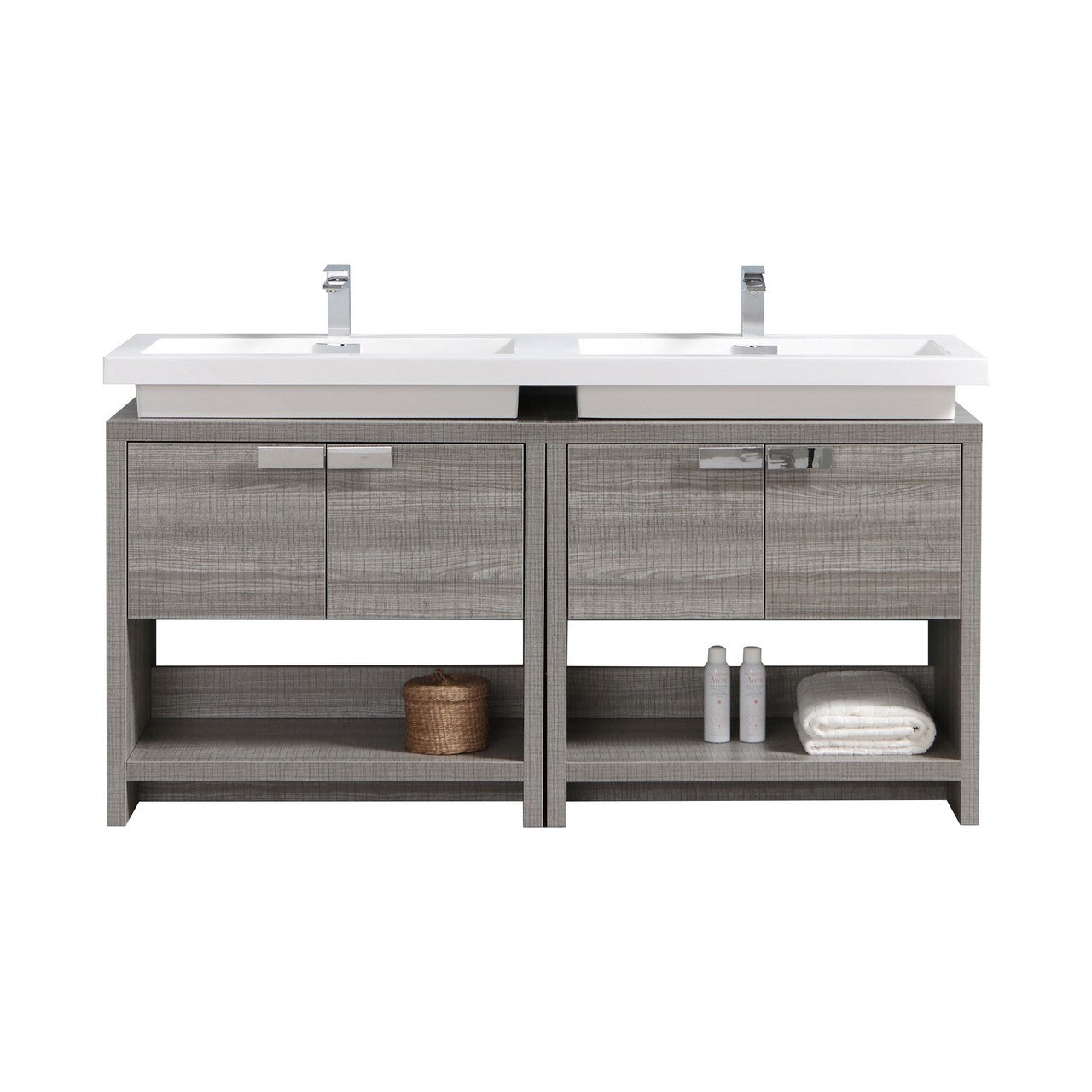 Levi 63″ Inch Ash Gray Double Sink Modern Bathroom Vanity W/ Cubby Hole