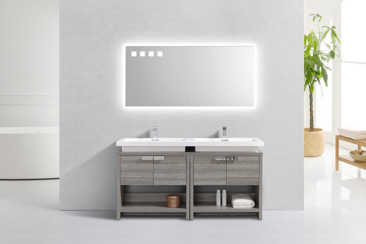 Levi 63″ Inch Ash Gray Double Sink Modern Bathroom Vanity W/ Cubby Hole
