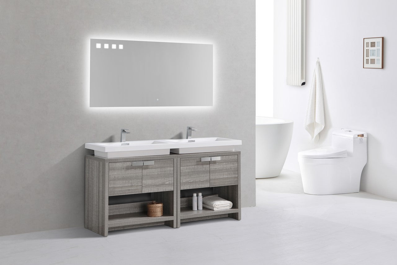 Levi 63″ Inch Ash Gray Double Sink Modern Bathroom Vanity W/ Cubby Hole