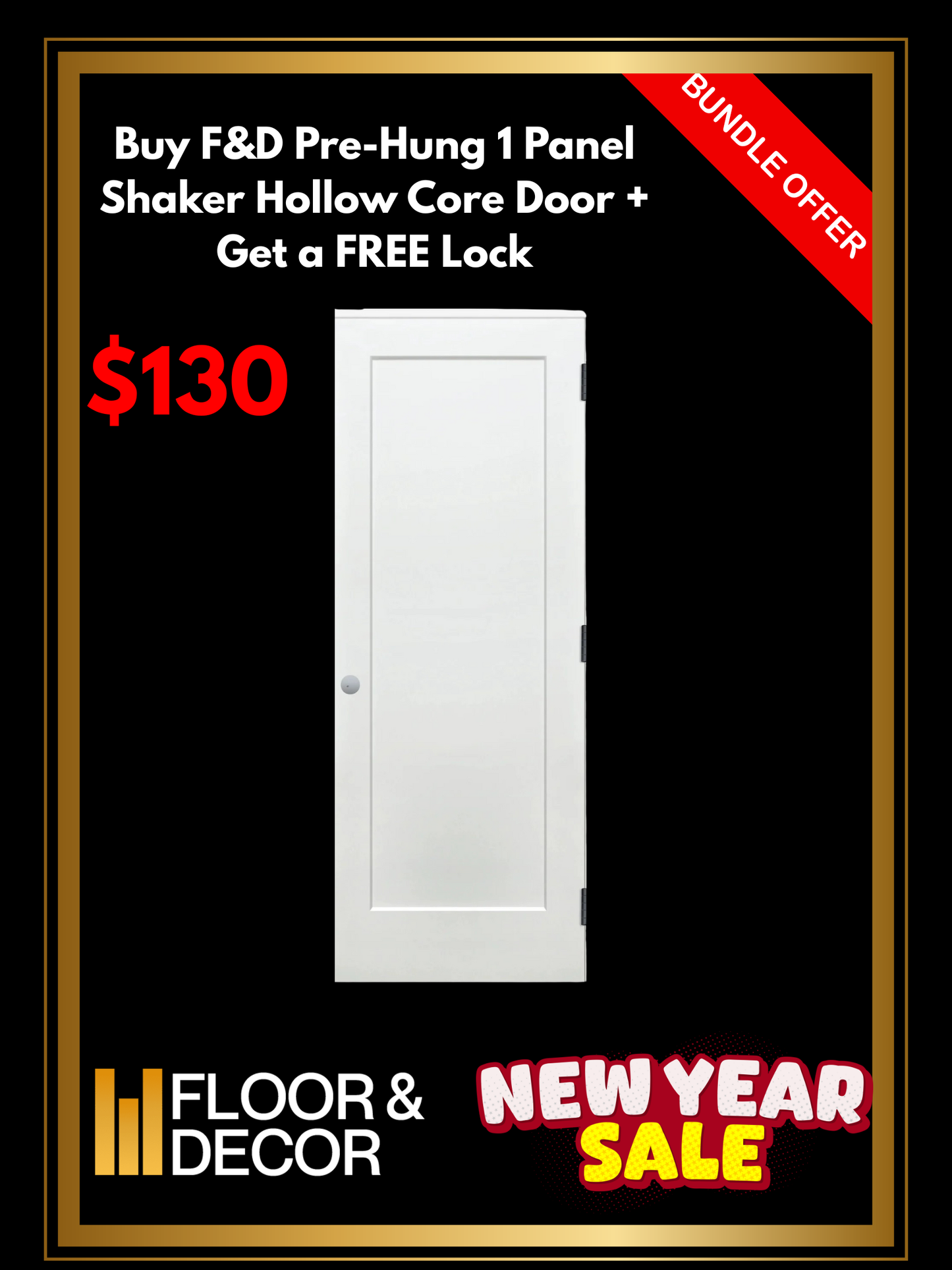 F&D Pre-Hung 1 Panel Shaker Hollow Core Door + Get a Free Lock