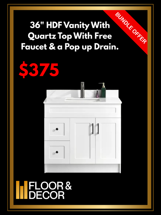 36" HDF Vanity With Quartz Top With Free Faucet & a Pop up Drain.