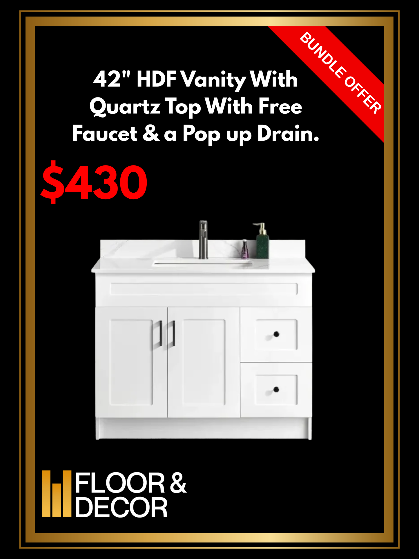 42" HDF Vanity With Quartz Top With Free Faucet & a Pop up Drain.