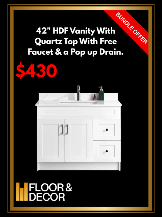 42" HDF Vanity With Quartz Top With Free Faucet & a Pop up Drain.