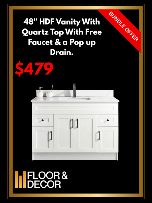 48" HDF Vanity With Quartz Top With Free Faucet & a Pop up Drain.