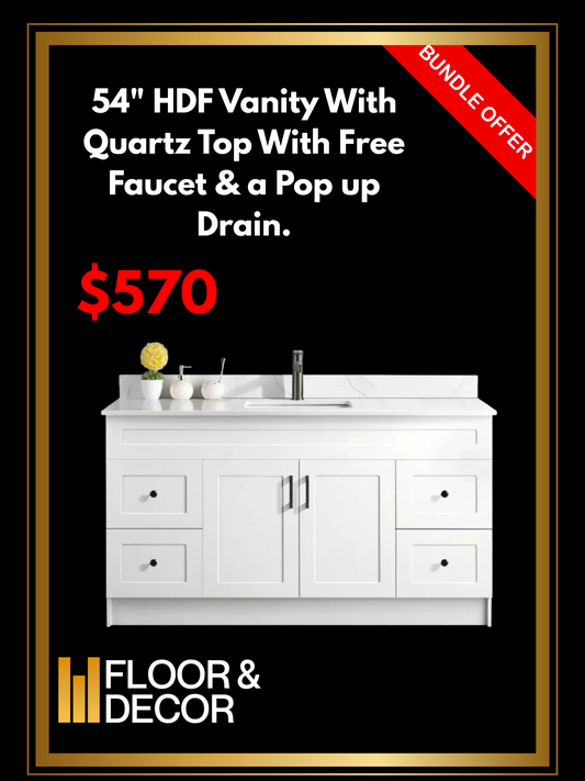 54" HDF Vanity With Quartz Top With Free Faucet & a Pop up Drain.